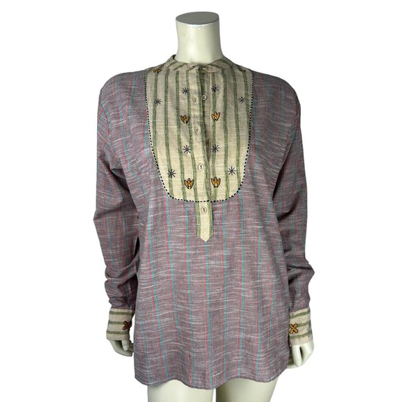 Monoki Stripe Floral Bird Embroidered Tunic Long Sleeve Button Prairie Peasant - Picture 1 of 11